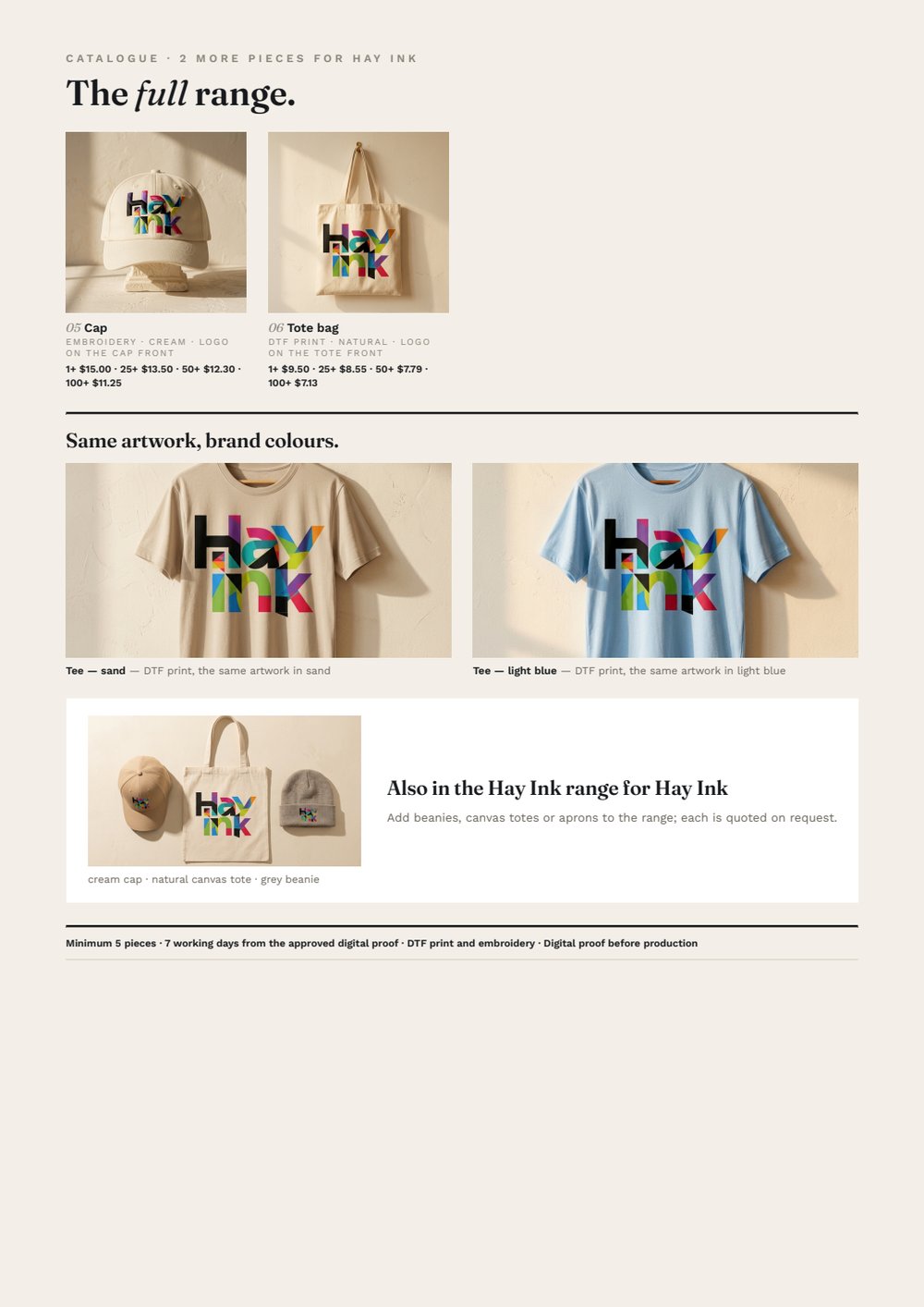 Page 3: the catalogue cards, the tee in two more colours, the accessories
