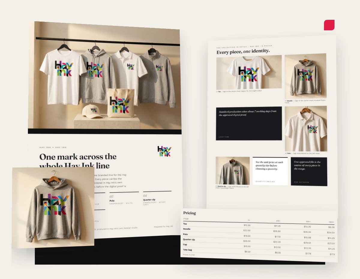 Pages of an example proposal and a hoodie mockup, stacked in perspective: the cover with the Hay Ink line on a rail, the collection page, the quote table