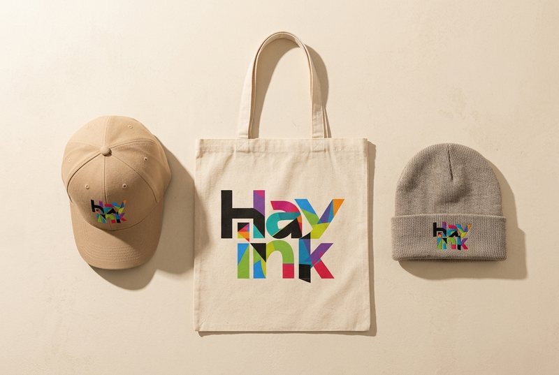 Flat-lay of a sand cap, a natural canvas tote and a grey knit beanie, each with the Hay Ink logo