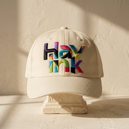 Cream six-panel cap on a stone plinth with the Hay Ink logo embroidered on the front panel