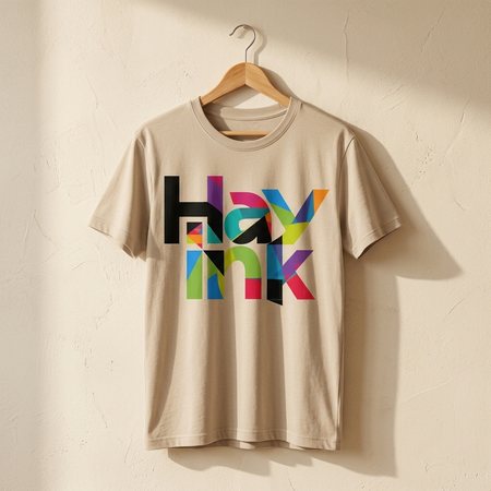 Sand-coloured tee with the Hay Ink logo printed on the centre chest