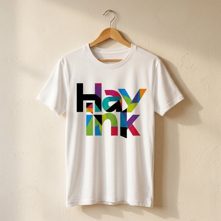 White crewneck tee on a wooden hanger with the Hay Ink logo printed on the centre chest
